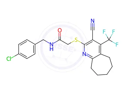 Chemical structure of N-(4-chlorobenzyl)-2-((3-cyano-4-(trifluoromethyl)-6,7,8,9-tetrahydro-5H-cyclohepta[b]pyridin-2-yl)thio)acetamide
