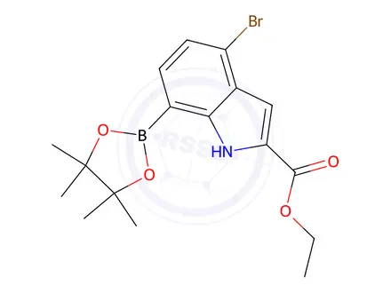 Chemical structure of Ethyl 4-bromo-7-(tetramethyl-1,3,2-dioxaborolan-2-yl)-1H-indole-2-carboxylate