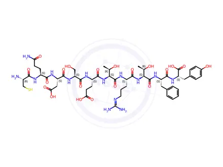 Chemical structure of (2S,5S,8S,11S,14S,17S,20S,23S)-23-((S)-5-Amino-2-((R)-2-amino-3-mercaptopropanamido)-5-oxopentanamido)-5-benzyl-17-(2-carboxyethyl)-11-(3-guanidinopropyl)-2-(4-hydroxybenzyl)-8,14-bis((R)-1-hydroxyethyl)-20-(hydroxymethyl)-4,7,10,13,16,19,22-heptaoxo-3,6,9,12,15,18,21-heptaazapentacosanedioic Acid