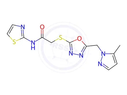 Chemical structure of 2-((5-((5-Methyl-1H-pyrazol-1-yl)methyl)-1,3,4-oxadiazol-2-yl)thio)-N-(thiazol-2-yl)acetamide