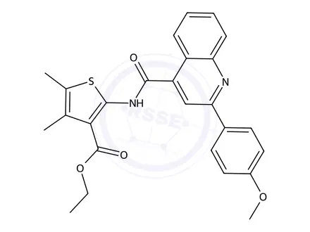 Chemical structure of Ethyl 2-(2-(4-methoxyphenyl)quinoline-4-carboxamido)-4,5-dimethylthiophene-3-carboxylate
