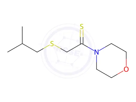 Chemical structure of Morpholine, 4-[2-[(2-methylpropyl)thio]-1-thioxoethyl]-(9CI)