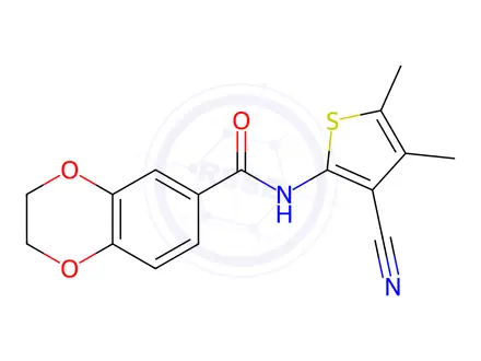 Chemical structure of N-(3-Cyano-4,5-dimethylthiophen-2-yl)-2,3-dihydrobenzo[b][1,4]dioxine-6-carboxamide