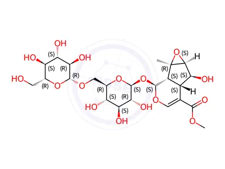 Chemical structure of Asperulosidic Acid Impurity 8 (6'-O-β-D-Glucopyranosyl phlorigidoside C)
