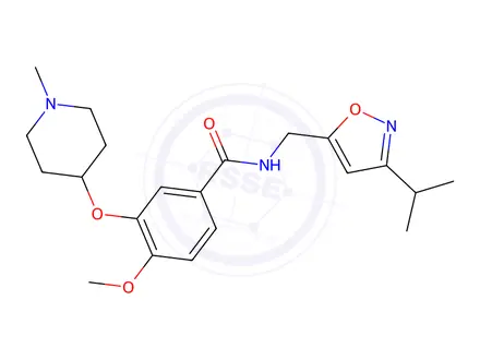Chemical structure of N-((3-Isopropylisoxazol-5-yl)methyl)-4-methoxy-3-((1-methylpiperidin-4-yl)oxy)benzamide