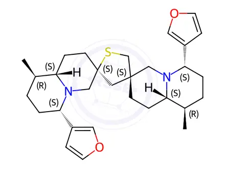 Chemical structure of (3S,4'S,9aβ,9''aβ)-6α,6''α-Di-(3-furyl)-1,6,7,8,9,9a,1'',6'',7'',8'',9'',9a''-dodecahydro-9β,9''β-dimethyldispiro[2H-quinolizine-3(4H),2'(3'H)-thiophene-4'(5'H),3''(4''H)-[2H]quinolizine]
