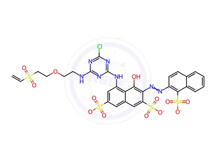 Chemical structure of 2,7-Naphthalenedisulfonic acid, 5-4-chloro-6-2-2-(ethenylsulfonyl)ethoxyethylamino-1,3,5-triazin-2-ylamino-4-hydroxy-3-(1-sulfo-2-naphthalenyl)azo-, trisodium salt