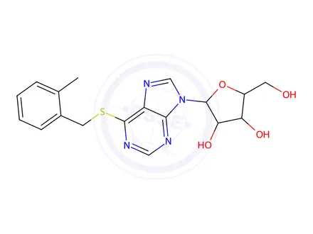 Chemical structure of (2R,3S,4R,5R)-2-(Hydroxymethyl)-5-(6-((2-methylbenzyl)thio)-9H-purin-9-yl)tetrahydrofuran-3,4-diol