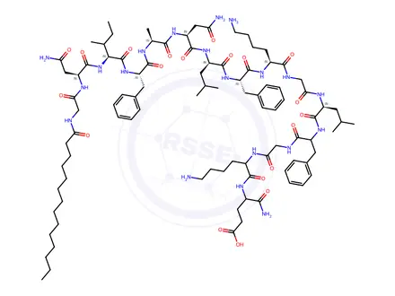 Chemical structure of myristyl-glycyl-asparginyl-isoleucyl-phenylalanyl-alanyl-asparaginyl-leucyl-phenylalanyl-lysyl-glycyl-leucyl-phenylalanyl-glycyl-lysyl-glutamine