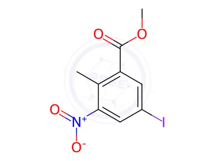 Chemical structure of Benzoic acid, 5-iodo-2-methyl-3-nitro-, methyl ester