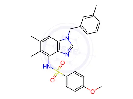 Chemical structure of N-(5,6-dimethyl-1-(3-methylbenzyl)-1H-benzo[d]imidazol-4-yl)-4-methoxybenzenesulfonamide