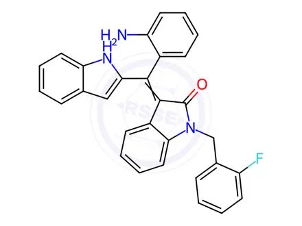 Chemical structure of (Z)-3-((2-Aminophenyl)(1H-indol-2-yl)methylene)-1-(2-fluorobenzyl)indolin-2-one