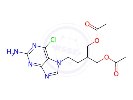Chemical structure of 2-(2-(2-Amino-6-chloro-7H-purin-7-yl)ethyl)propane-1,3-diyl Diacetate