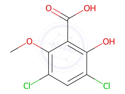 Chemical structure of Benzoic acid, 3,5-dichloro-2-hydroxy-6-methoxy-