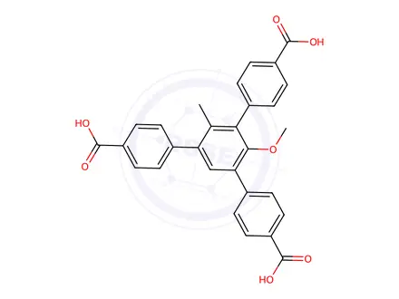 Chemical structure of 5'-(4-Carboxyphenyl)-2'-methoxy-4'-methyl-[1,1':3',1''-terphenyl]-4,4''-dicarboxylic acid