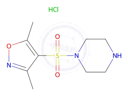 Chemical structure of 1-[(dimethyl-1,2-oxazol-4-yl)sulfonyl]piperazine hydrochloride