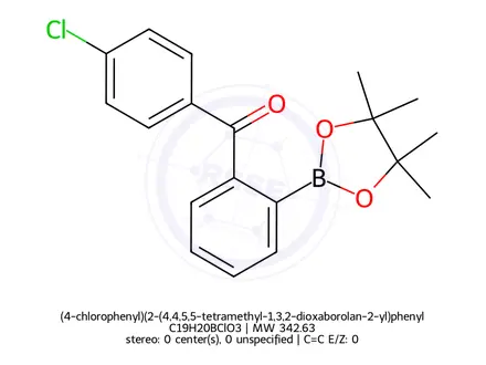 Chemical structure of (4-chlorophenyl)(2-(4,4,5,5-tetramethyl-1,3,2-dioxaborolan-2-yl)phenyl)methanone