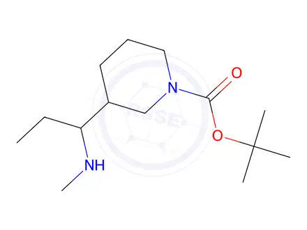 Chemical structure of Tert-butyl 3-(1-(methylamino)propyl)piperidine-1-carboxylate
