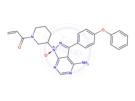 Chemical structure of (1R)-1-(1-Acryloylpiperidin-3-yl)-4-amino-3-(4-phenoxyphenyl)-1H-pyrazolo[3,4-d]pyrimidine 1-oxide