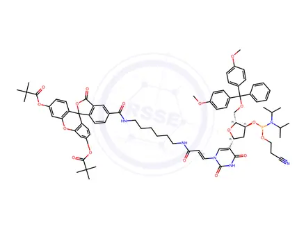 Chemical structure of 5-((6-((E)-3-(5-((2R,4S,5R)-5-((Bis(4-methoxyphenyl)(phenyl)methoxy)methyl)-4-(((2-cyanoethoxy)(diisopropylamino)phosphino)oxy)tetrahydrofuran-2-yl)-2,4-dioxo-3,4-dihydropyrimidin-