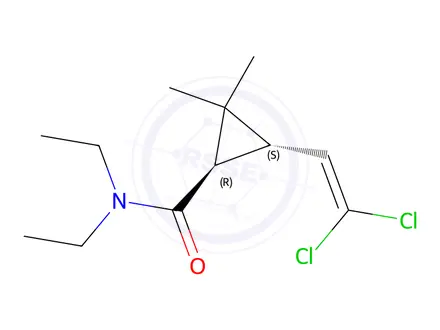 Chemical structure of Trans-3-(2,2-Dichloroethenyl)-N,N-diethyl-2,2-dimethylcyclopropanecarboxamide