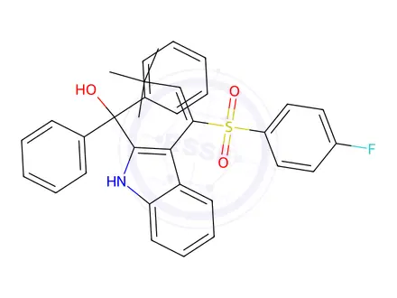 Chemical structure of (E)-(3-(1-((4-Fluorophenyl)sulfonyl)-3,3-dimethylbut-1-en-1-yl)-1H-indol-2-yl)diphenylmethanol