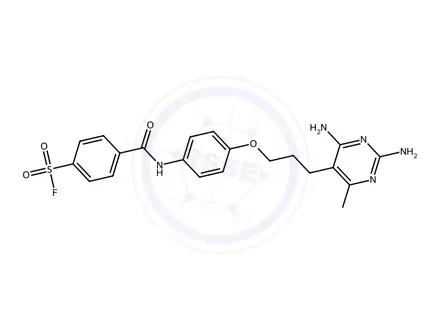 Chemical structure of 4-((4-(3-(2,4-Diamino-6-methylpyrimidin-5-yl)propoxy)phenyl)carbamoyl)benzene-1-sulfonyl fluoride