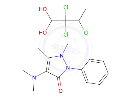 Chemical structure of 4-(dimethylamino)-1,2-dihydro-1,5-dimethyl-2-phenyl-3H-pyrazol-3-one, compound with 2,2,3-trichlorobutane-1,1-diol (1:1)