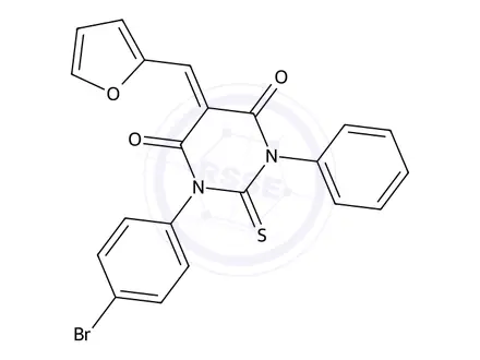 Chemical structure of 1-(4-Bromophenyl)-5-(furan-2-ylmethylene)-3-phenyl-2-thioxodihydropyrimidine-4,6(1H,5H)-dione