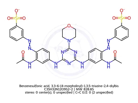 Chemical structure of Benzenesulfonic acid, 3,3-6-(4-morpholinyl)-1,3,5-triazine-2,4-diylbisimino2-(acetylamino)-4,1-phenyleneazobis-, disodium salt