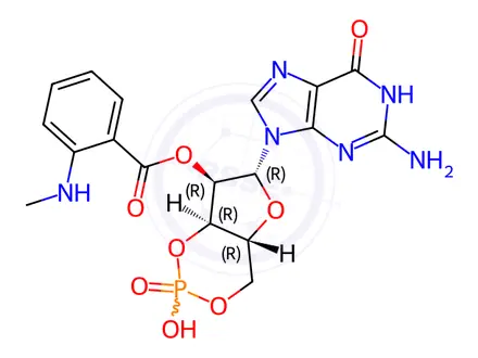 Chemical structure of 2'-O-(N'-Methylanthraniloyl)guanosine-3',5'-cyclic Monophosphate