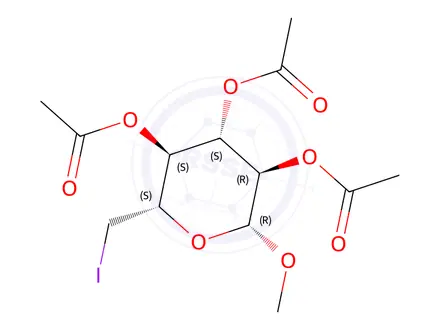 Chemical structure of (2S,3S,4S,5R,6R)-2-(iodomethyl)-6-methoxytetrahydro-2H-pyran-3,4,5-triyl triacetate