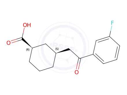 Chemical structure of (1R,3S)-3-(2-(3-fluorophenyl)-2-oxoethyl)cyclohexane-1-carboxylic acid