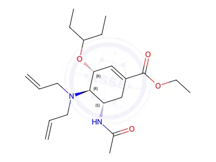 Chemical structure of (3R,4R,5S)-ethyl 5-acetamido-4-(diallylamino)-3-(pentan-3-yloxy)cyclohex-1-enecarboxylate