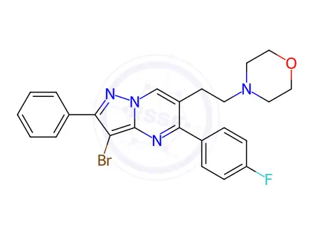 Chemical structure of 3-bromo-5-(4-fluorophenyl)-6-(2-morpholinoethyl)-2-phenylpyrazolo[1,5-a]pyrimidine