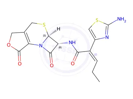 Chemical structure of (Z)-2-(2-aminothiazol-4-yl)-N-((5aS,6R)-1,7-dioxo-1,3,4,5a,6,7-hexahydroazeto[2,1-b]furo[3,4-d][1,3]thiazin-6-yl)pent-2-enamide