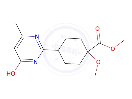 Chemical structure of Cyclohexanecarboxylic acid, 4-(1,6-dihydro-4-methyl-6-oxo-2-pyrimidinyl)-1-methoxy-, methyl ester