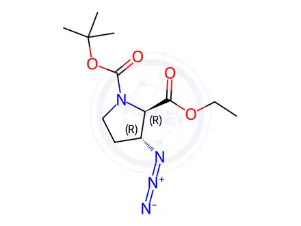 Chemical structure of O1-tert-butyl O2-ethyl (2R,3R)-3-azidopyrrolidine-1,2-dicarboxylate