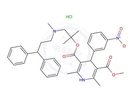 Chemical structure of 3-(1-((3,3-Diphenylpropyl)(methyl)amino)-2-methylpropan-2-yl) 5-methyl 2,6-dimethyl-4-(3-nitrophenyl)-1,4-dihydropyridine-3,5-dicarboxylate hydrochloride(1:x)