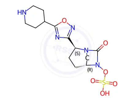 Chemical structure of (2S,5R)-7-oxo-2-(5-(piperidin-4-yl)-1,2,4-oxadiazol-3-yl)-1,6-diazabicyclo[3.2.1]octan-6-yl hydrogen sulfate