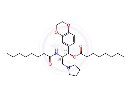 Chemical structure of (1R,2R)-1-(2,3-dihydrobenzo[b][1,4]dioxin-6-yl)-2-octanamido-3-(pyrrolidin-1-yl)propyl octanoate