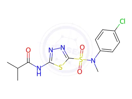 Chemical structure of N-{5-[(4-chlorophenyl)(methyl)sulfamoyl]-1,3,4-thi adiazol-2-yl}-2-methylpropanamide