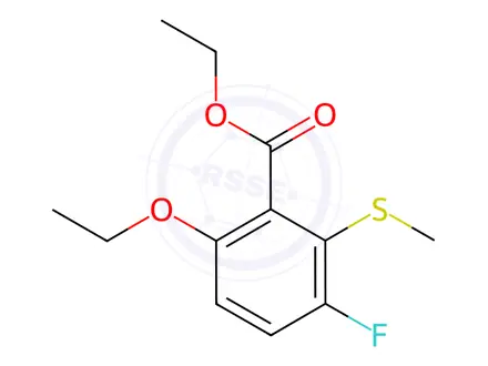 Chemical structure of Benzoic acid, 6-ethoxy-3-fluoro-2-(methylthio)-, ethyl ester