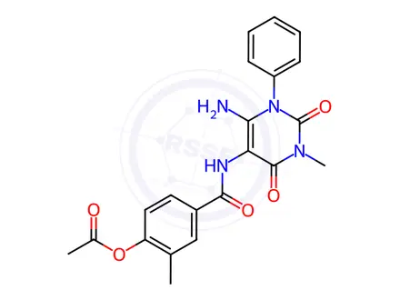 Chemical structure of Benzamide, 4-(acetyloxy)-N-(6-amino-1,2,3,4-tetrahydro-3-methyl-2,4-dioxo-1-phenyl-5-pyrimidinyl)-3-methyl-