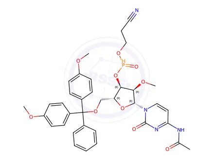 Chemical structure of (2R,3R,4R,5R)-5-(4-acetamido-2-oxopyrimidin-1(2H)-yl)-2-((bis(4-methoxyphenyl)(phenyl)methoxy)methyl)-4-methoxytetrahydrofuran-3-yl (2-cyanoethyl) phosphonate