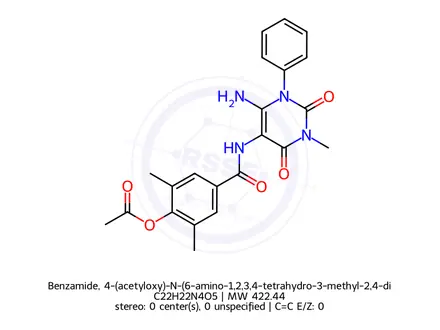 Chemical structure of Benzamide, 4-(acetyloxy)-N-(6-amino-1,2,3,4-tetrahydro-3-methyl-2,4-dioxo-1-phenyl-5-pyrimidinyl)-3,5-dimethyl-