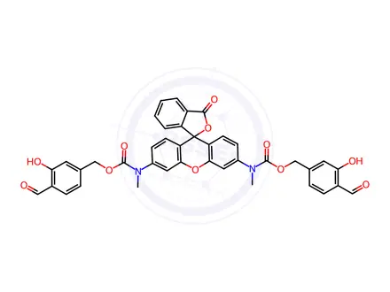 Chemical structure of Carbamic acid, N,N'-(3-oxospiro[isobenzofuran-1(3H),9'-[9H]xanthene]-3',6'-diyl)bis[N-methyl-, C,C'-bis[(4-formyl-3-hydroxyphenyl)methyl] ester