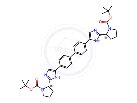 Chemical structure of (2S,2'S)-2,2'-([1,1'-Biphenyl]-4,4'-diyldi-1H-imidazole-5,2-diyl)bis-1-pyrrolidinecarboxylic Acid 1,1'-Bis(1,1-dimethylethyl) Ester