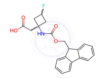 Chemical structure of 2-(1-((((9H-fluoren-9-yl)methoxy)carbonyl)amino)-3-fluorocyclobutyl)acetic acid