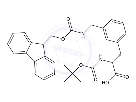 Chemical structure of (R)-3-(3-(((((9H-Fluoren-9-yl)methoxy)carbonyl)amino)methyl)phenyl)-2-((tert-butoxycarbonyl)amino)propanoic acid